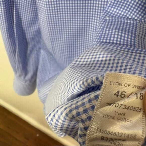 Eton Shirt Mens 18 46 Blue Gingham Check Contemporary York Dress Button Front - Picture 5 of 8